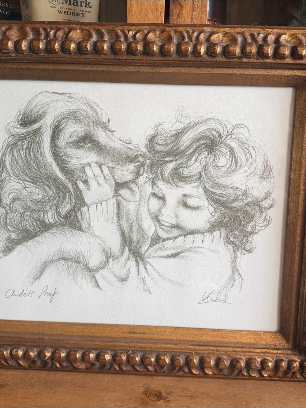 Signed Artist Proof in Gold Detailed Framed Pencil Sketch Child & Dog Original